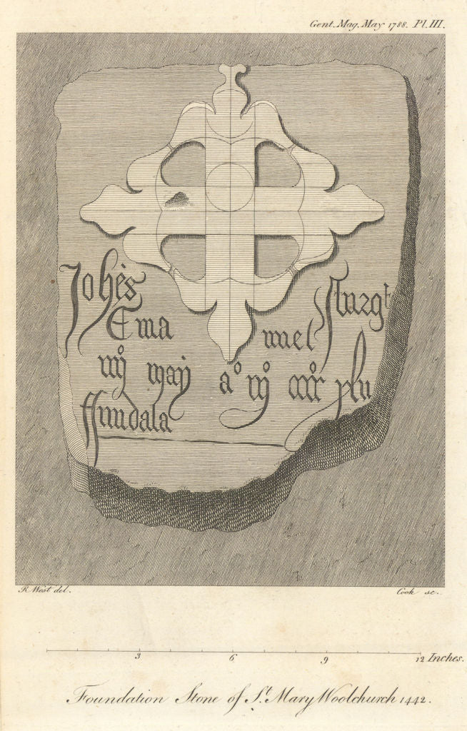 Foundation stone of St. Mary Woolchurch Haw 1442. London 1788 old print